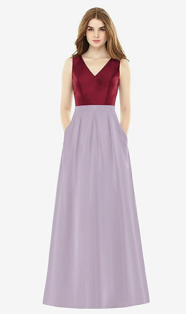Front View - Lilac Haze & Burgundy Alfred Sung Bridesmaid Dress D753