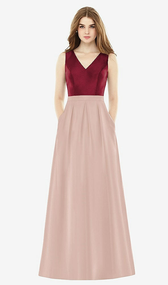 Front View - Toasted Sugar & Burgundy Alfred Sung Bridesmaid Dress D753