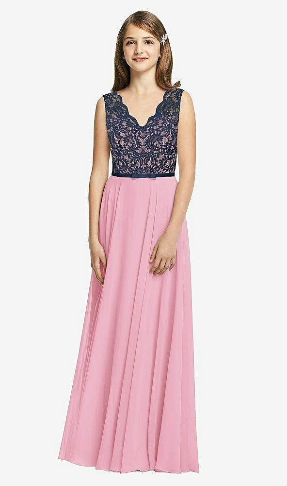 Front View - Peony Pink & Midnight Navy Dessy Collection Junior Bridesmaid Dress JR542