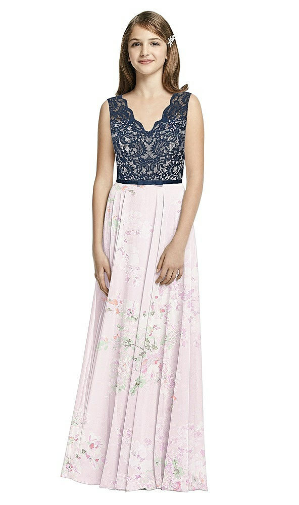 Front View - Watercolor Print & Midnight Navy Dessy Collection Junior Bridesmaid Dress JR542