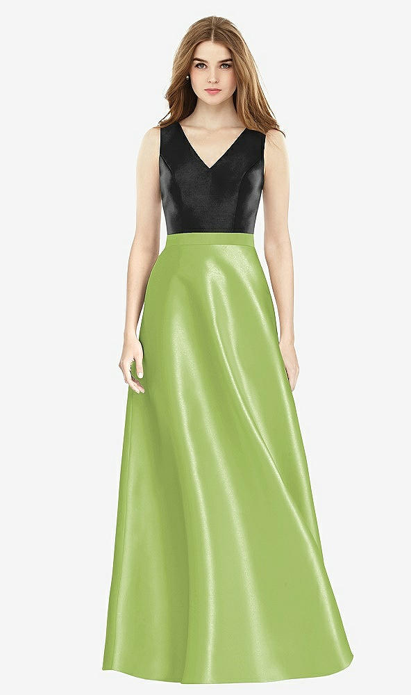 Front View - Mojito & Black Sleeveless A-Line Satin Dress with Pockets
