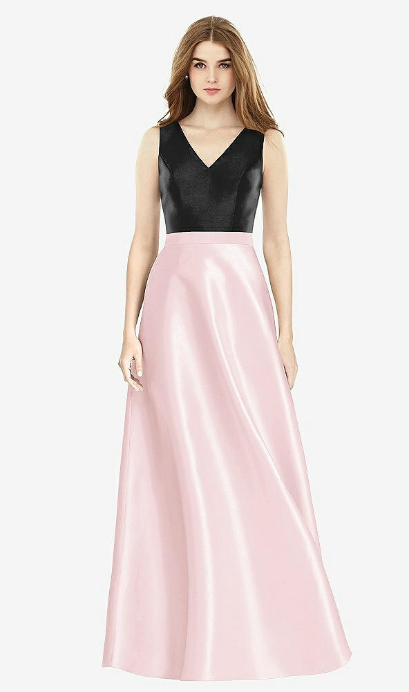 Front View - Ballet Pink & Black Sleeveless A-Line Satin Dress with Pockets