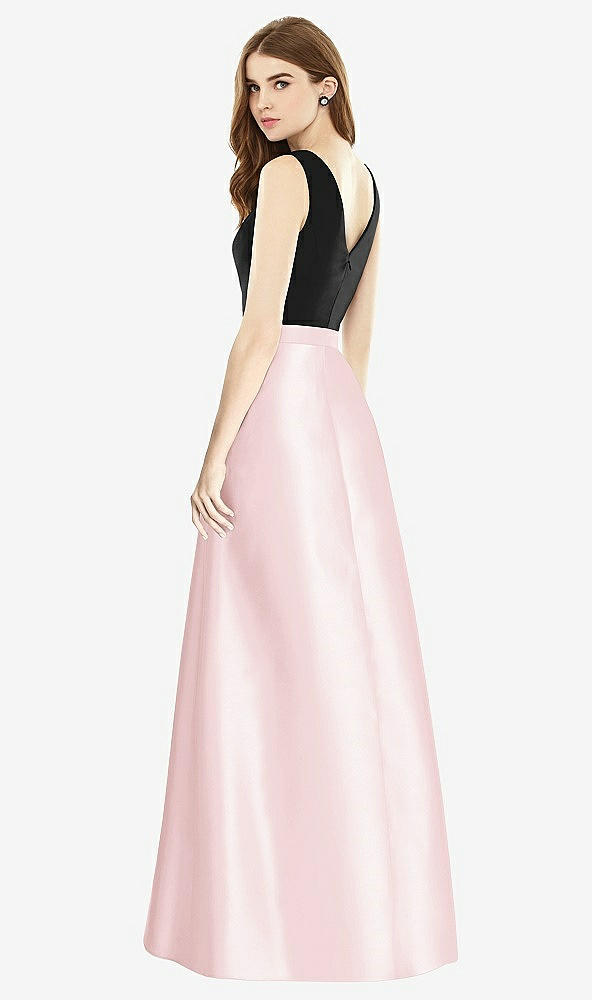 Back View - Ballet Pink & Black Sleeveless A-Line Satin Dress with Pockets