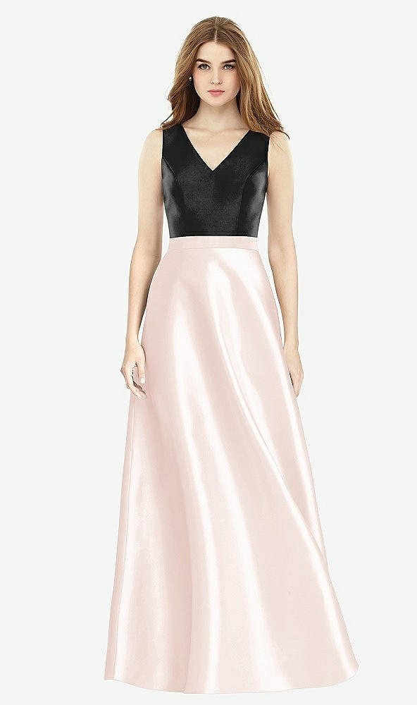 Front View - Blush & Black Sleeveless A-Line Satin Dress with Pockets