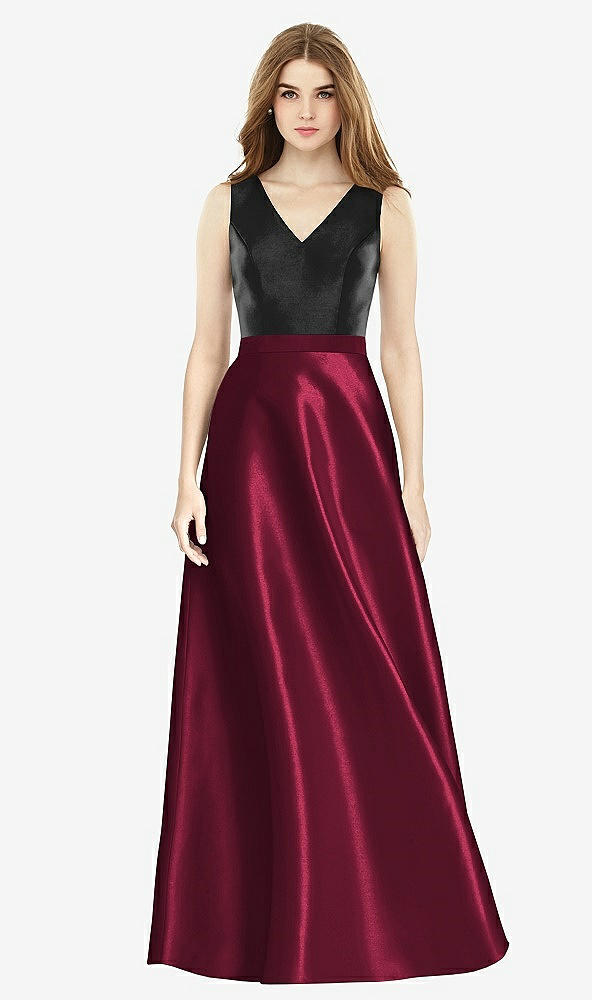 Front View - Cabernet & Black Sleeveless A-Line Satin Dress with Pockets