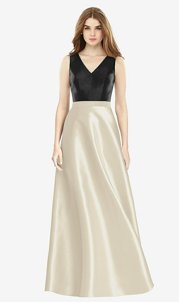 Front View - Champagne & Black Sleeveless A-Line Satin Dress with Pockets