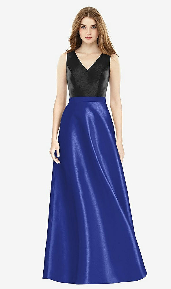Front View - Cobalt Blue & Black Sleeveless A-Line Satin Dress with Pockets
