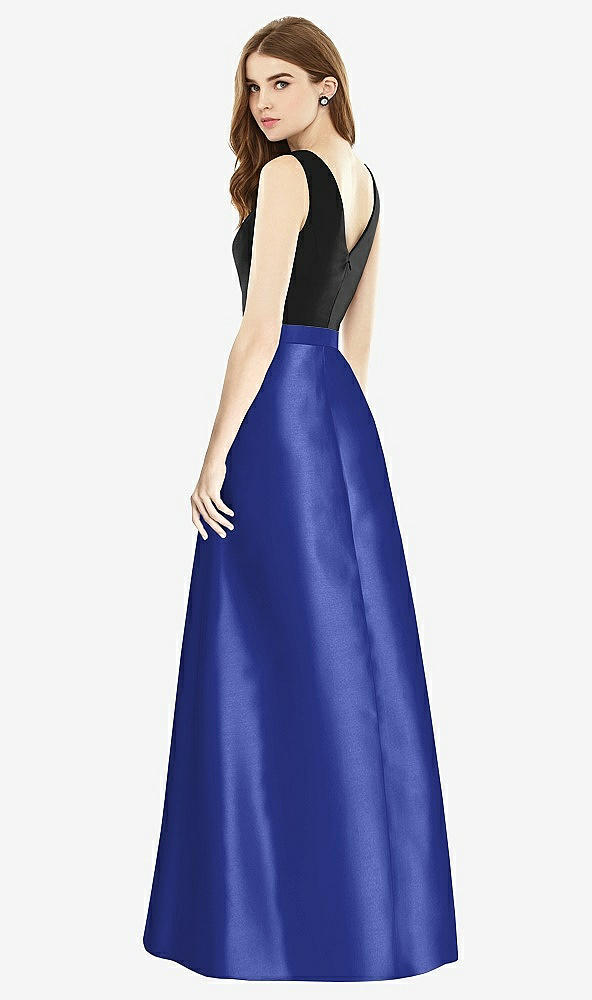 Back View - Cobalt Blue & Black Sleeveless A-Line Satin Dress with Pockets