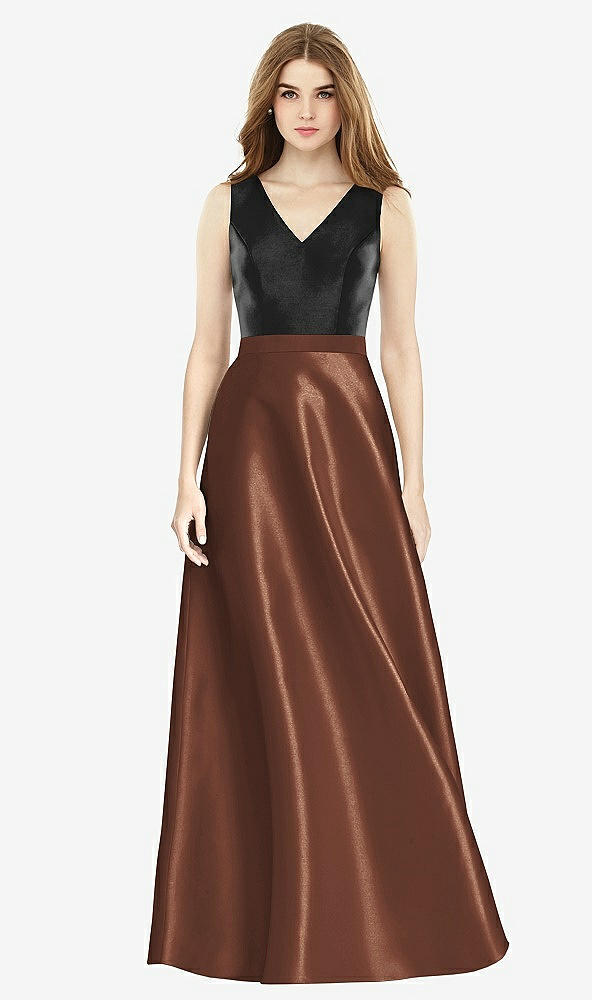 Front View - Cognac & Black Sleeveless A-Line Satin Dress with Pockets