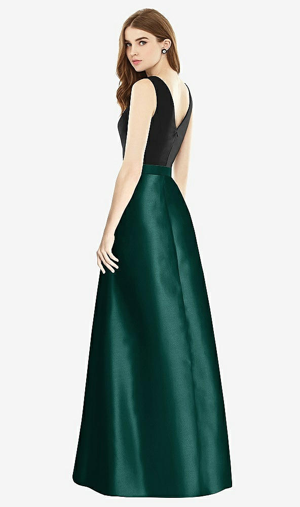 Back View - Evergreen & Black Sleeveless A-Line Satin Dress with Pockets
