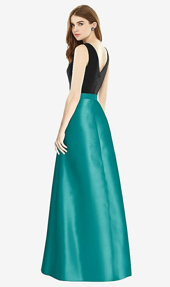 Back View - Jade & Black Sleeveless A-Line Satin Dress with Pockets