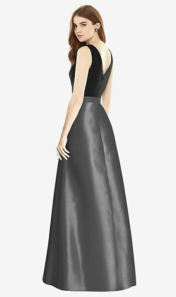 Back View - Pewter & Black Sleeveless A-Line Satin Dress with Pockets