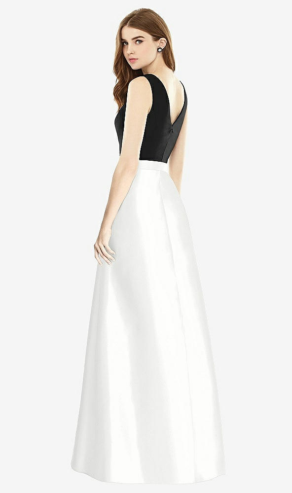 Back View - White & Black Sleeveless A-Line Satin Dress with Pockets