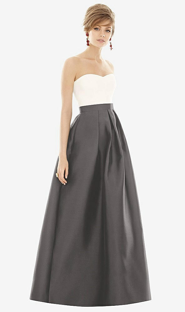 Front View - Caviar Gray & Ivory Strapless Pleated Skirt Maxi Dress with Pockets