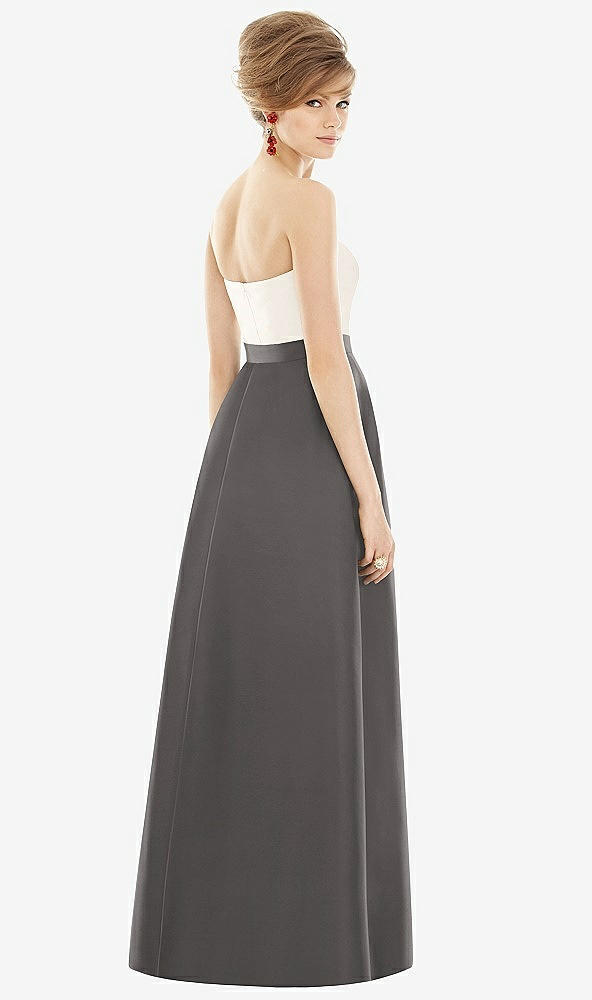 Back View - Caviar Gray & Ivory Strapless Pleated Skirt Maxi Dress with Pockets