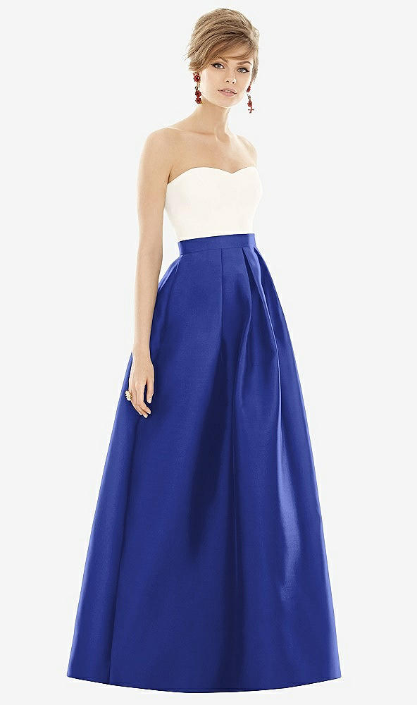 Front View - Cobalt Blue & Ivory Strapless Pleated Skirt Maxi Dress with Pockets