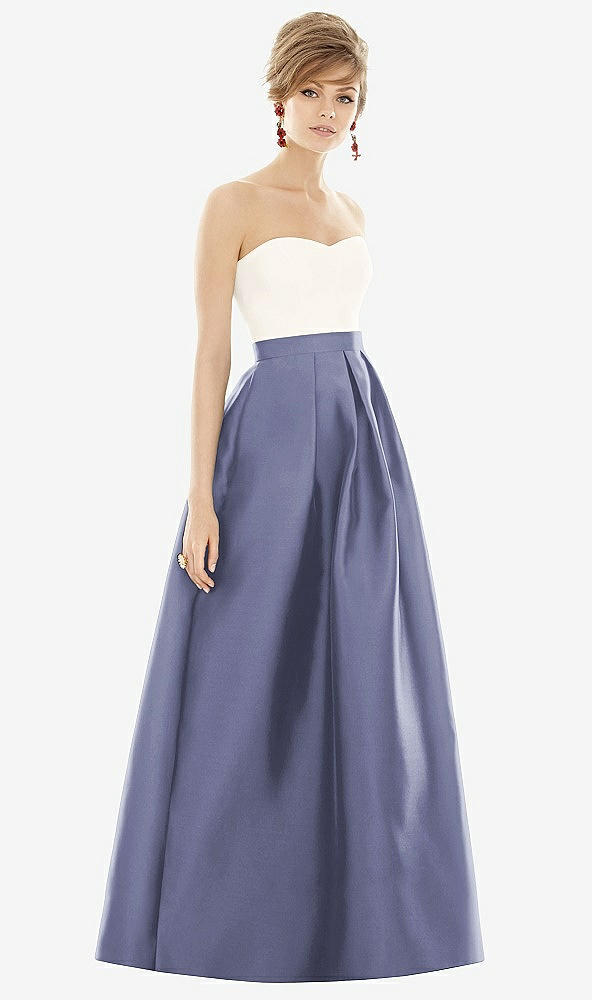 Front View - French Blue & Ivory Strapless Pleated Skirt Maxi Dress with Pockets