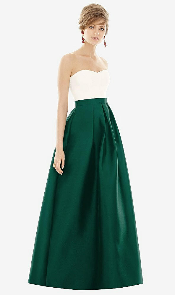 Front View - Hunter Green & Ivory Strapless Pleated Skirt Maxi Dress with Pockets