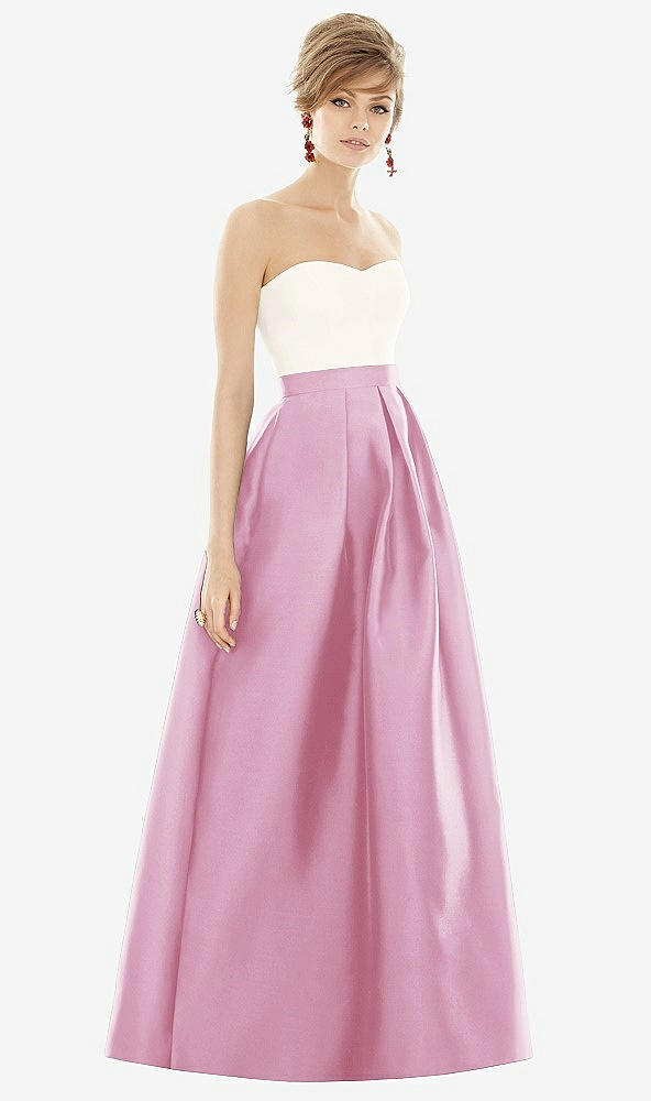 Front View - Powder Pink & Ivory Strapless Pleated Skirt Maxi Dress with Pockets