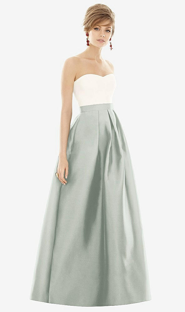 Front View - Willow Green & Ivory Strapless Pleated Skirt Maxi Dress with Pockets