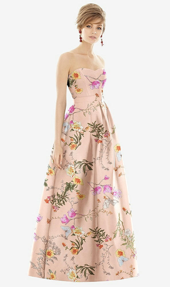 Front View - Butterfly Botanica Pink Sand Strapless Pleated Skirt Floral Satin Maxi Dress with Pockets