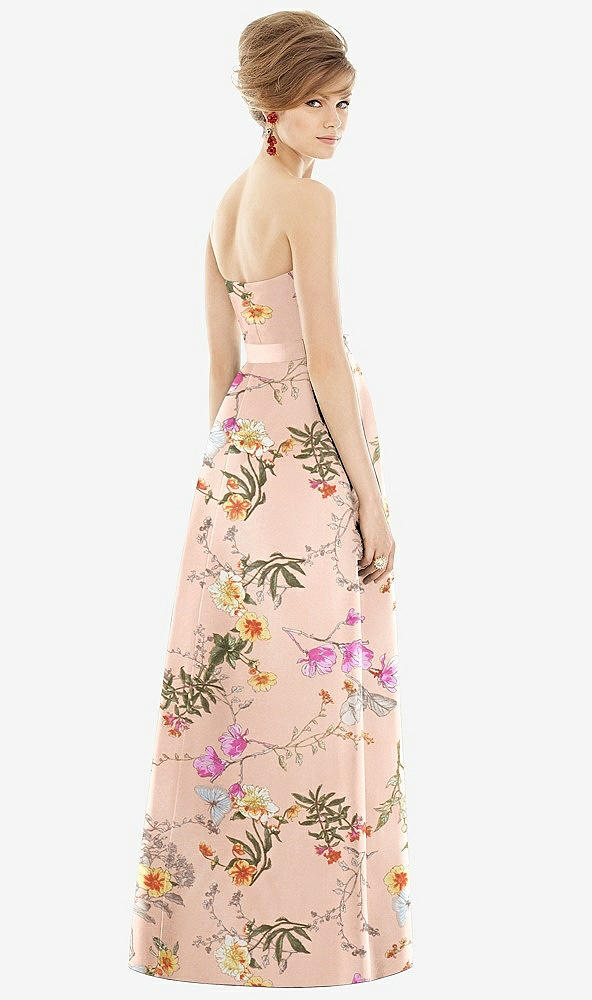 Back View - Butterfly Botanica Pink Sand Strapless Pleated Skirt Floral Satin Maxi Dress with Pockets