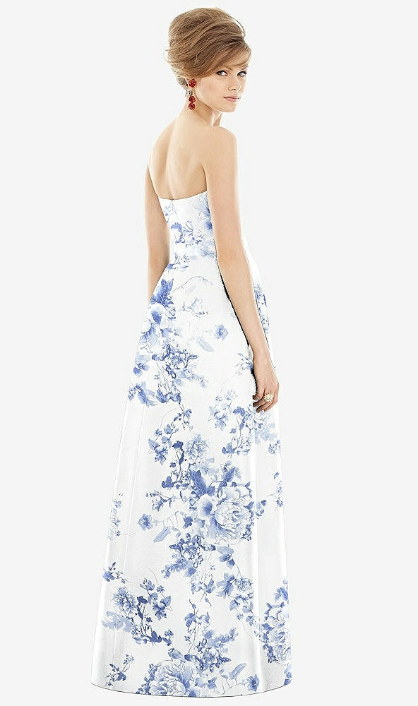 Back View - Cottage Rose Larkspur Strapless Pleated Skirt Floral Satin Maxi Dress with Pockets