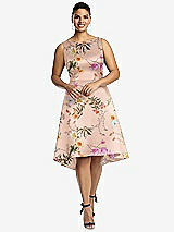 Front View Thumbnail - Butterfly Botanica Pink Sand Bateau Neck High Low Floral Satin Cocktail Dress