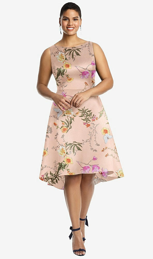 Front View - Butterfly Botanica Pink Sand Bateau Neck High Low Floral Satin Cocktail Dress
