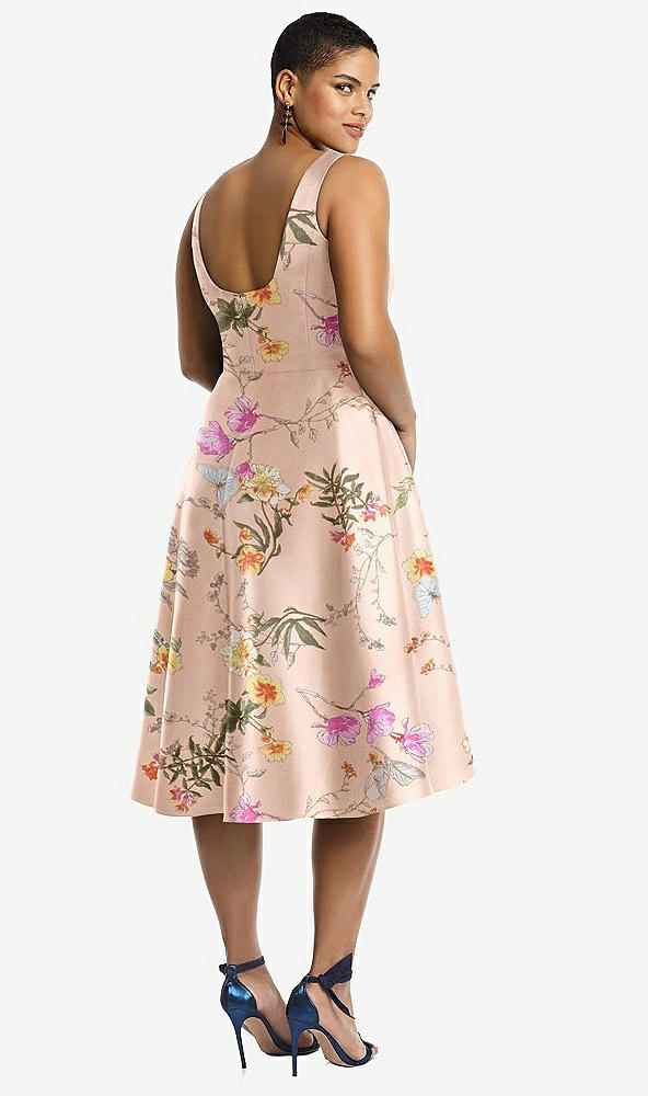 Back View - Butterfly Botanica Pink Sand Bateau Neck High Low Floral Satin Cocktail Dress
