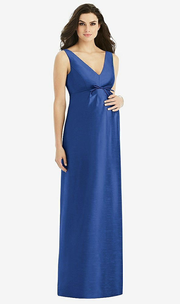 Front View - Classic Blue Sleeveless Satin Twill Maternity Dress