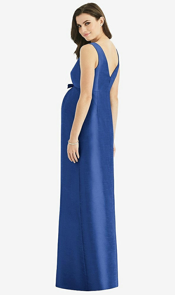 Back View - Classic Blue Sleeveless Satin Twill Maternity Dress