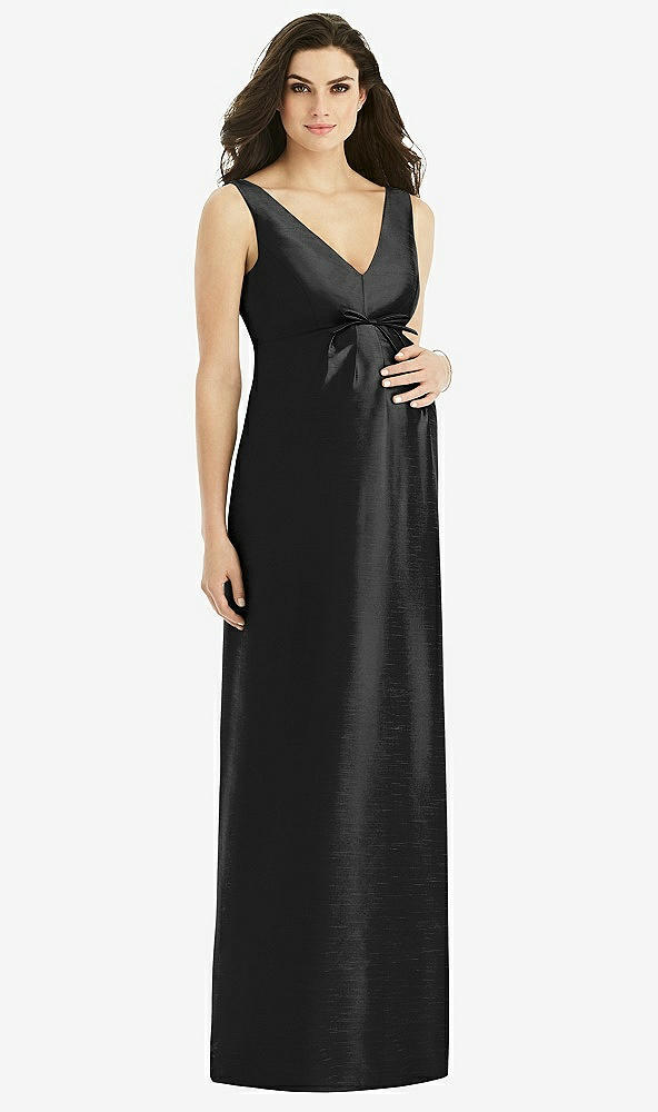 Front View - Black Sleeveless Satin Twill Maternity Dress