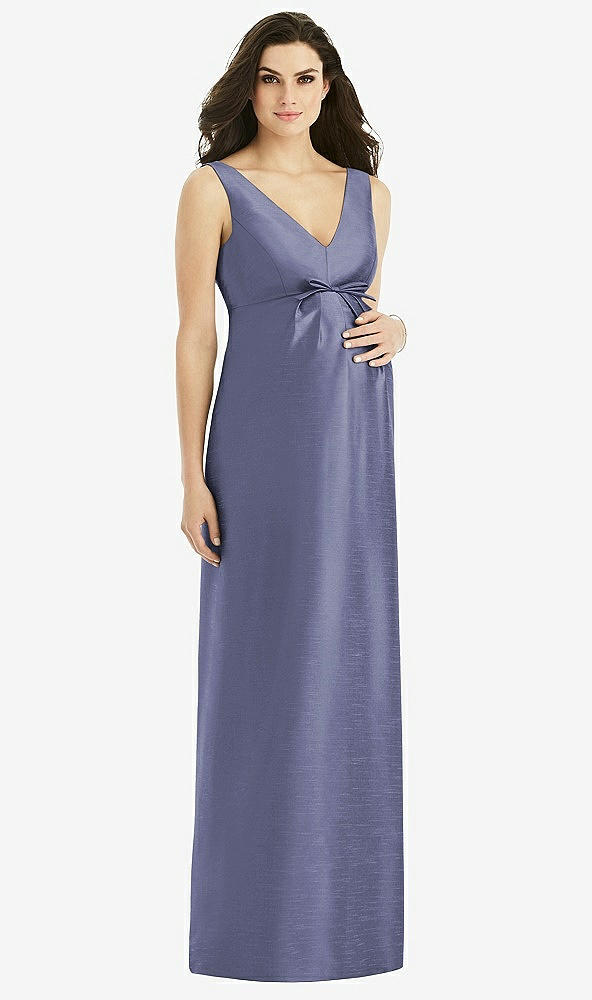 Front View - French Blue Sleeveless Satin Twill Maternity Dress