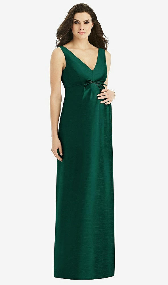 Front View - Hunter Green Sleeveless Satin Twill Maternity Dress