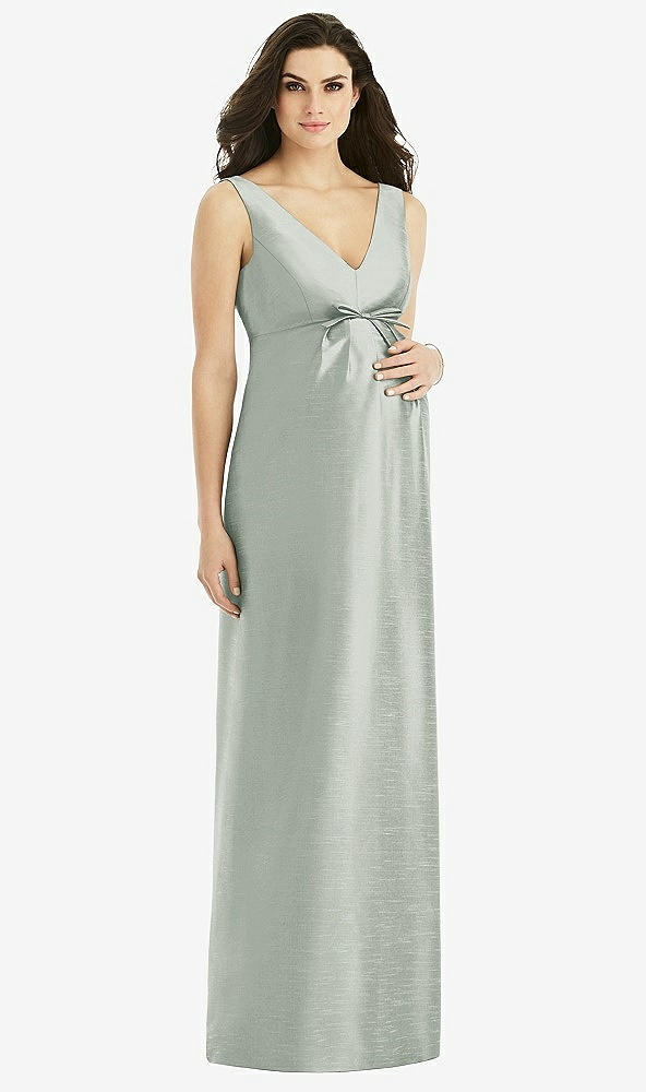 Front View - Willow Green Sleeveless Satin Twill Maternity Dress