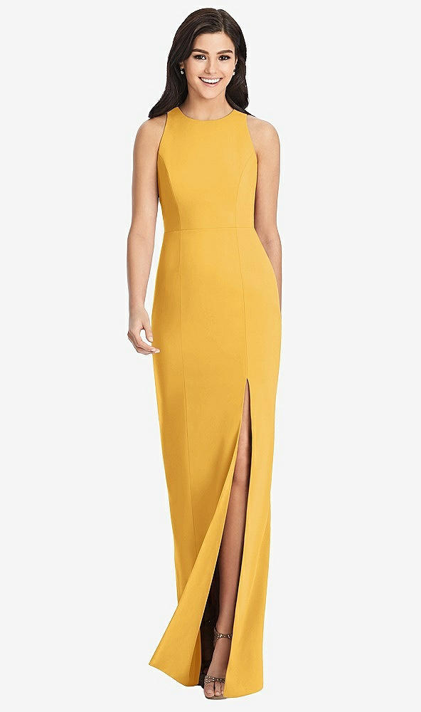 Front View - NYC Yellow Diamond Cutout Back Trumpet Gown with Front Slit