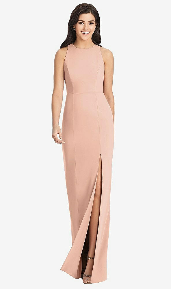 Front View - Pale Peach Diamond Cutout Back Trumpet Gown with Front Slit