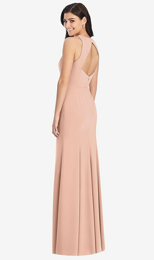 Back View - Pale Peach Diamond Cutout Back Trumpet Gown with Front Slit