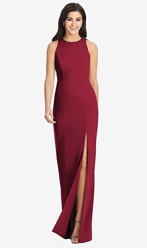 Front View - Burgundy Diamond Cutout Back Trumpet Gown with Front Slit