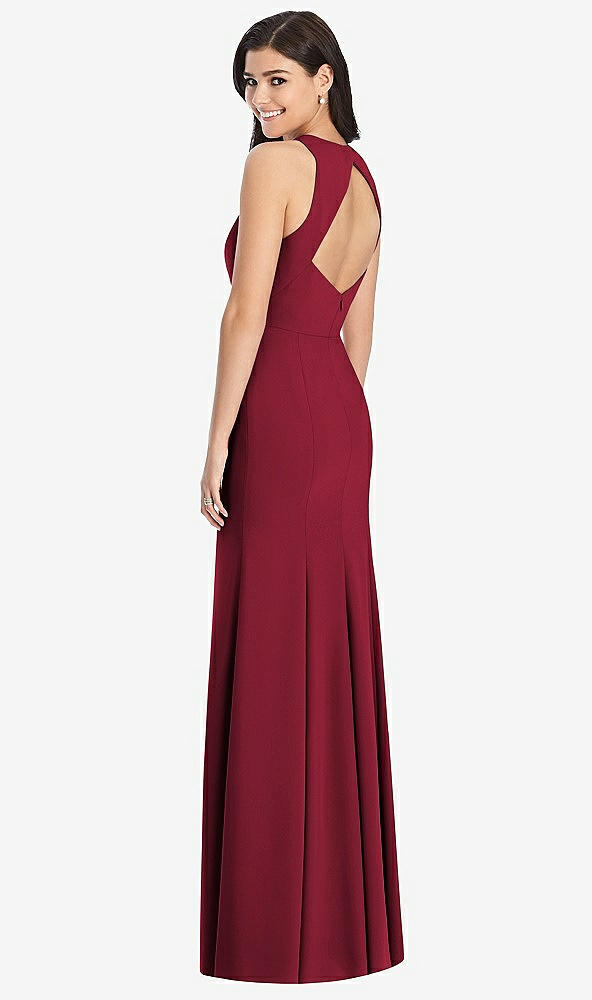 Back View - Burgundy Diamond Cutout Back Trumpet Gown with Front Slit