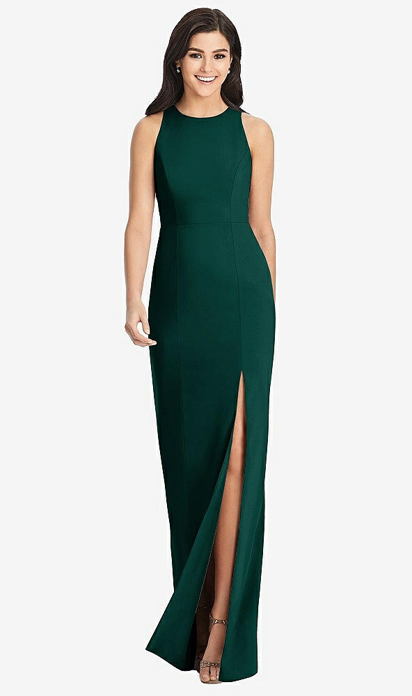 Front View - Evergreen Diamond Cutout Back Trumpet Gown with Front Slit