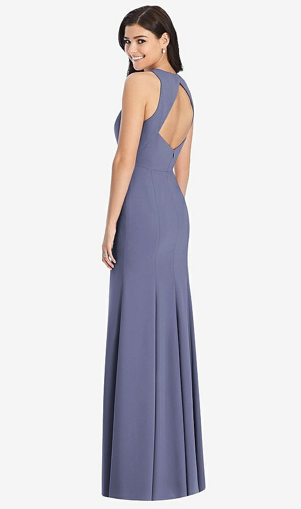 Back View - French Blue Diamond Cutout Back Trumpet Gown with Front Slit