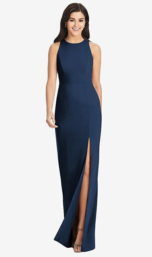 Front View - Midnight Navy Diamond Cutout Back Trumpet Gown with Front Slit