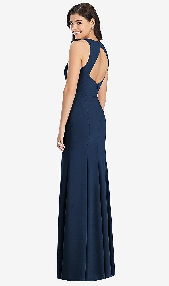 Back View - Midnight Navy Diamond Cutout Back Trumpet Gown with Front Slit