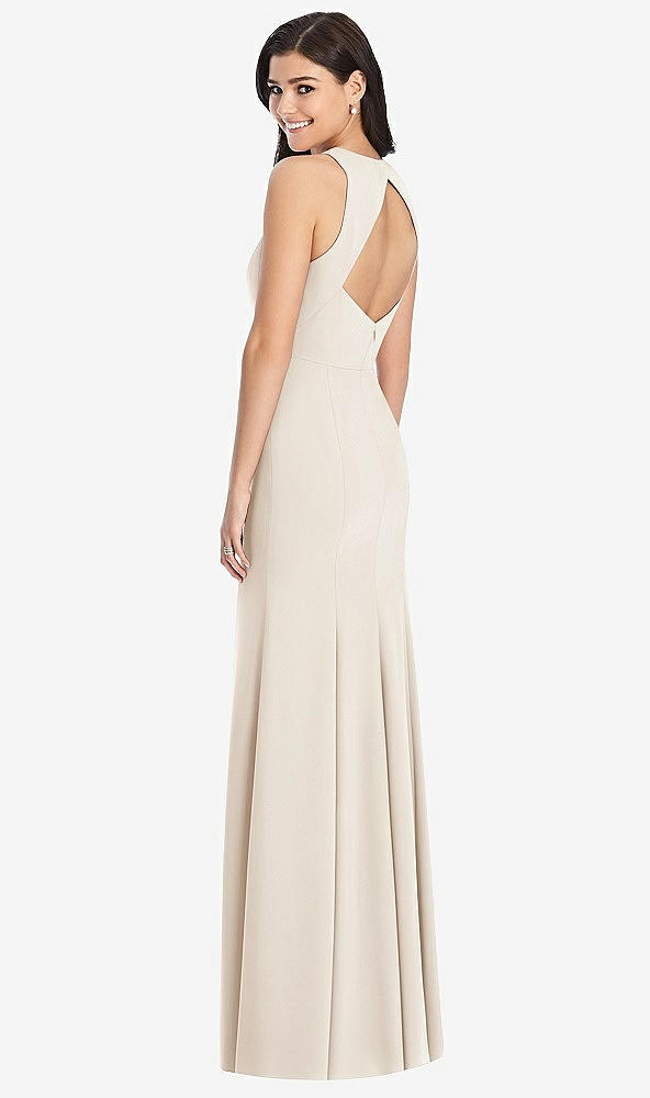 Back View - Oat Diamond Cutout Back Trumpet Gown with Front Slit
