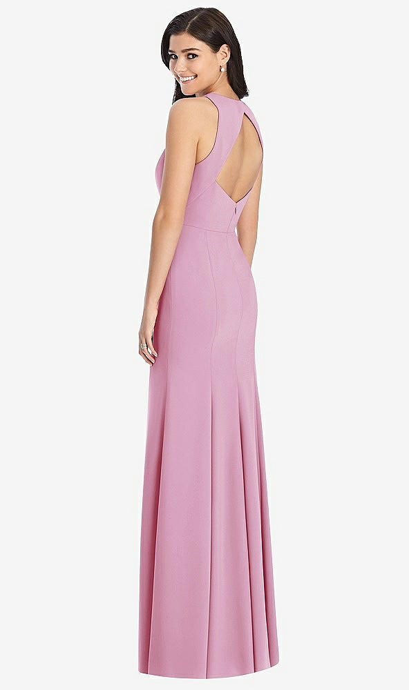 Back View - Powder Pink Diamond Cutout Back Trumpet Gown with Front Slit
