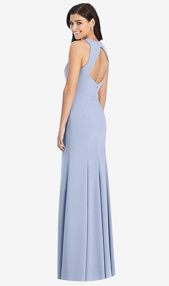 Back View - Sky Blue Diamond Cutout Back Trumpet Gown with Front Slit