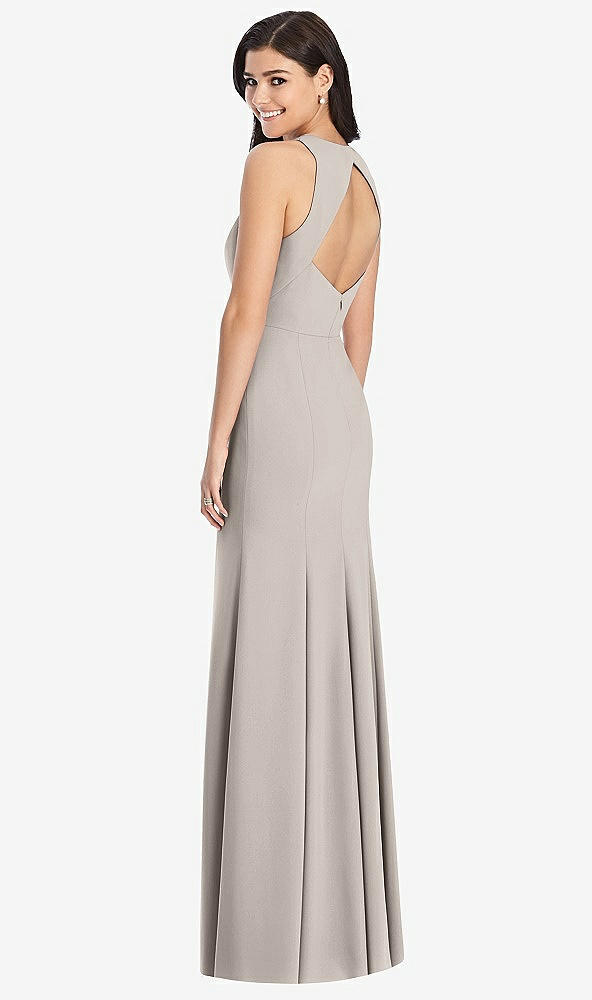 Back View - Taupe Diamond Cutout Back Trumpet Gown with Front Slit