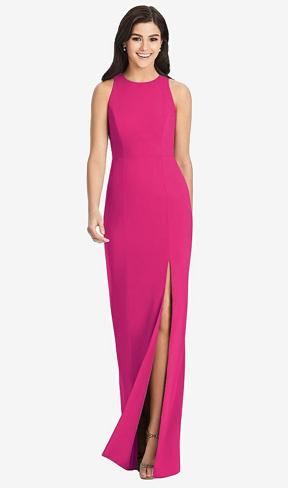 Front View - Think Pink Diamond Cutout Back Trumpet Gown with Front Slit